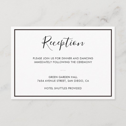 Zwart & Wit Minimalistisch Huwelijksontvangstkaart Informatiekaartje (Voorkant)