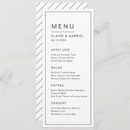 Zwart-wit minimalistisch modern huwelijksmenu menu (Voorkant / Achterkant)