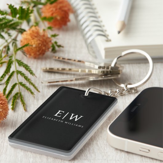 Zwart-wit Minimalistisch Modern Monogram Sleutelhanger (Voorkant Rechts)