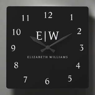 Zwart-wit Minimalistisch Modern Monogram Vierkante Klok