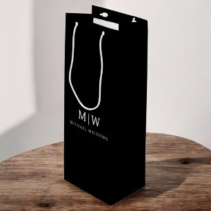 Zwart-wit Minimalistisch Modern Monogram Wijn Cadeautas