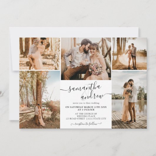 Zwart wit minimalistisch script 6 foto's bruiloft kaart (Voorkant)