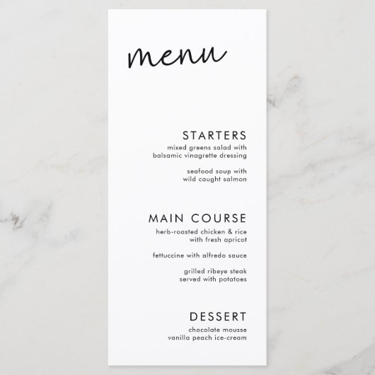 Zwart-wit minimalistisch script Vrijgezellenfeest Menu (Voorkant)