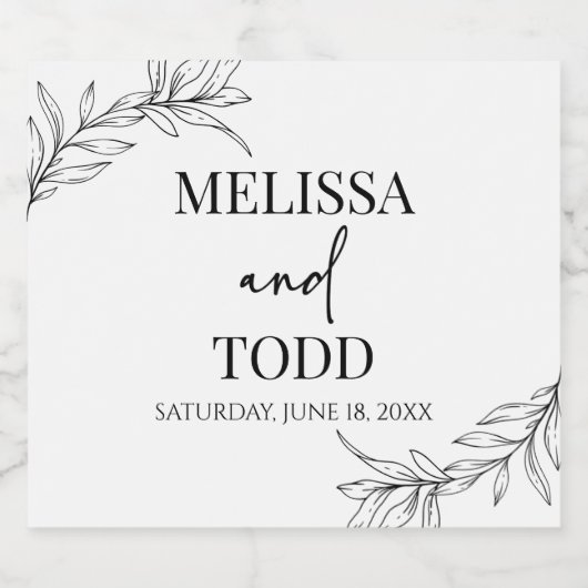 Zwart Wit Minimalistisch Tak Blad Bruiloft Likeurfles Etiket (Enkel label)