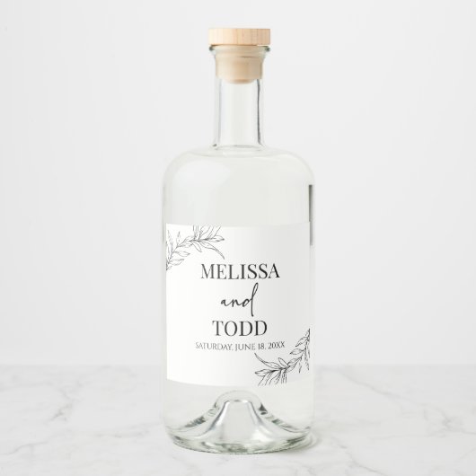 Zwart Wit Minimalistisch Tak Blad Bruiloft Likeurfles Etiket (Voorkant)