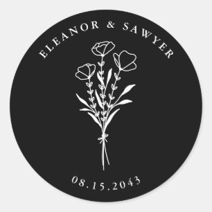 Zwart-wit minimalistische bloemenboeket bruiloft ronde sticker