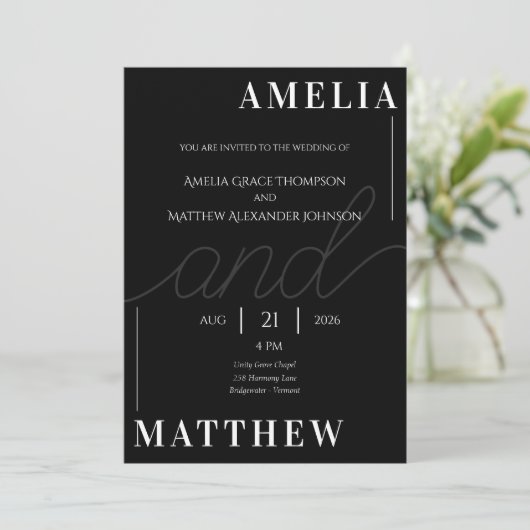 Zwart-wit minimalistische bruiloft uitnodiging (Staand voorkant)