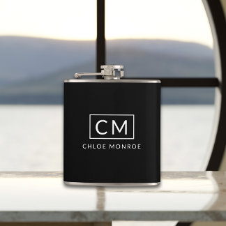 Zwart-wit minimalistische moderne monogram naam heupfles