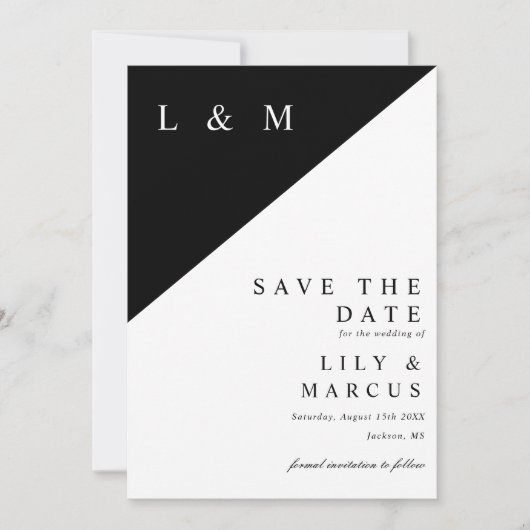 Zwart-wit minimalistische monogram bruiloft save the date (Voorkant)