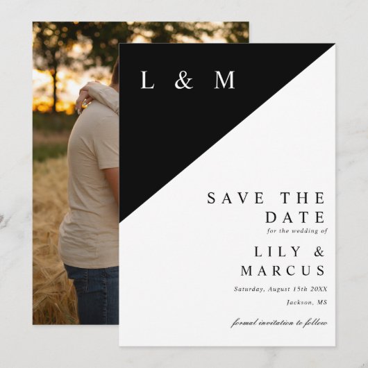 Zwart-wit minimalistische monogram trouwfoto save the date (Voorkant / Achterkant)