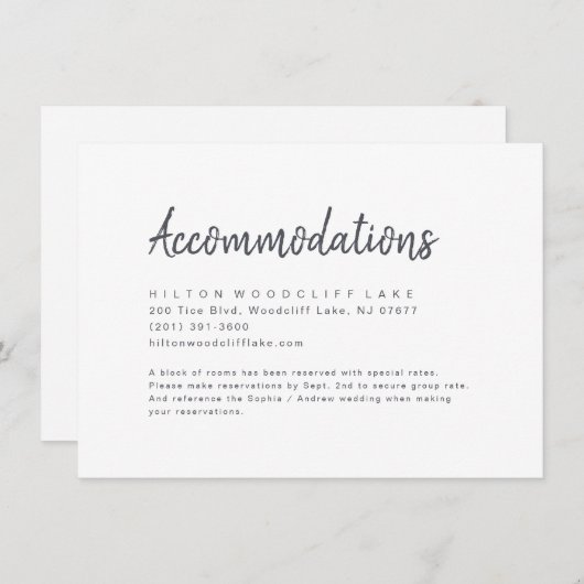 Zwart-wit minimalistische scriptaccommodatie informatiekaartje (Voorkant / Achterkant)