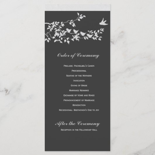 Zwart-wit minimalistische vogels huwelijksprogramm programma (Achterkant)