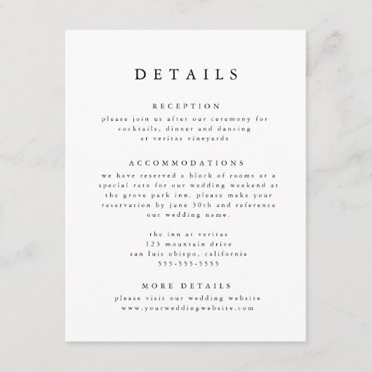 Zwart & Wit Modern Classic Wedding Details Informatiekaartje (Voorkant)