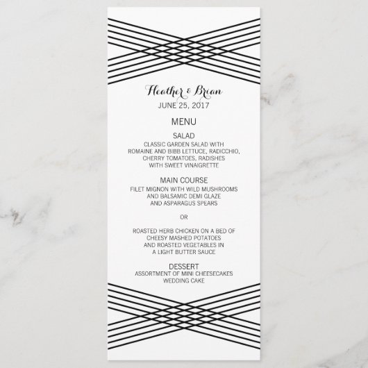 Zwart wit modern deco-weddenschap menu (Voorkant)