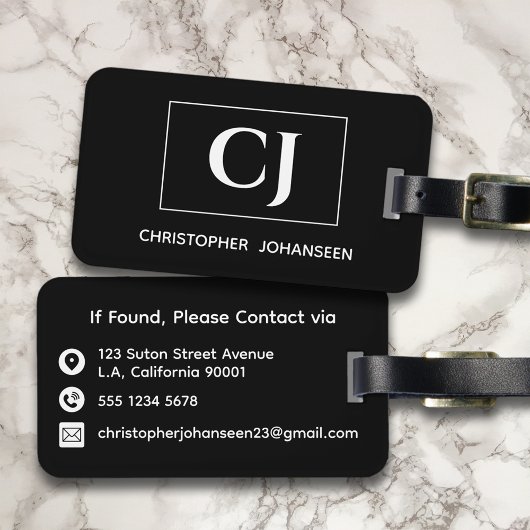 Zwart-wit Modern Eenvoudig Basic Monogrammed Bagagelabel