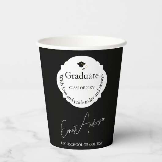 Zwart-wit Modern Elegant Afstuderen Afstuderen Papieren Bekers (Achterkant)