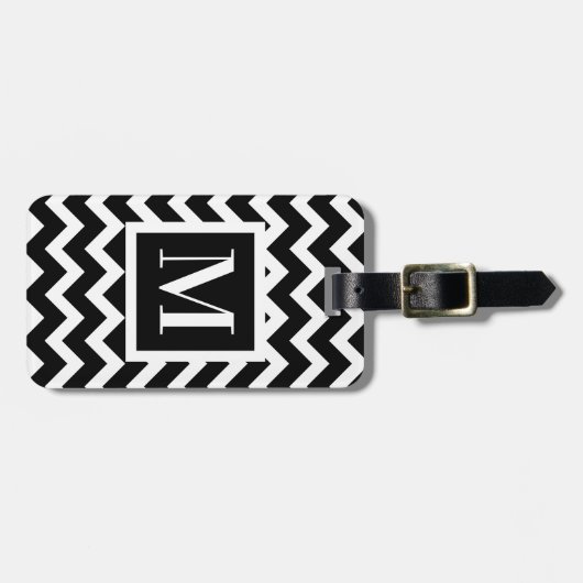 Zwart-wit modern Elegant Zigzag Monogram Bagagelabel (Voorkant horizontaal)