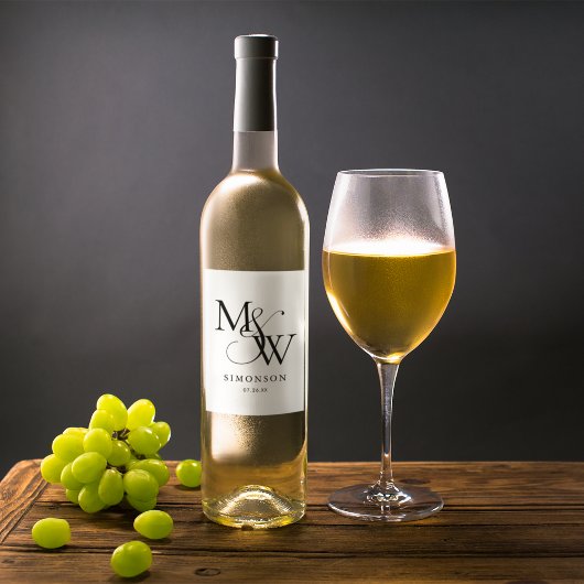 Zwart Wit Modern Minimalistisch Monogram Bruiloft Wijn Etiket