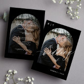 Zwart-wit modern monogram boog foto bruiloft kaart