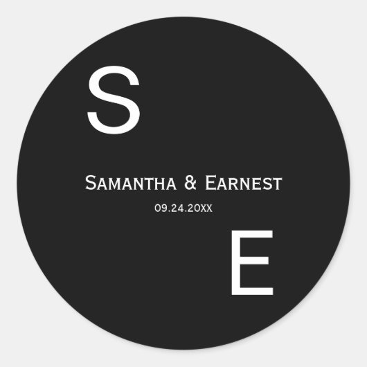 Zwart-wit Modern Monogram Bruiloft Favor Ronde Sticker (Voorkant)