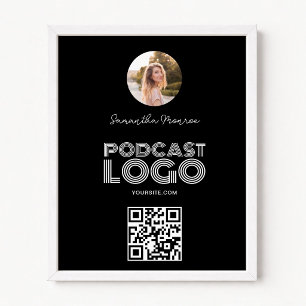 Zwart-wit modern podcastlogo QR-code Poster