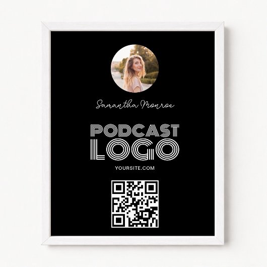 Zwart-wit modern podcastlogo QR-code Poster