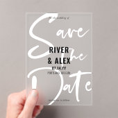 Zwart Wit Modern Script Bewaar de datum Acryl Uitnodigingen (Insitu (Draagbaar))