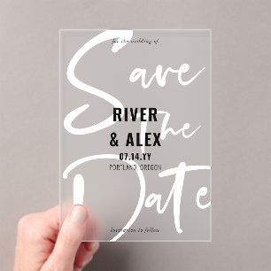 Zwart Wit Modern Script Bewaar de datum Acryl Uitnodigingen