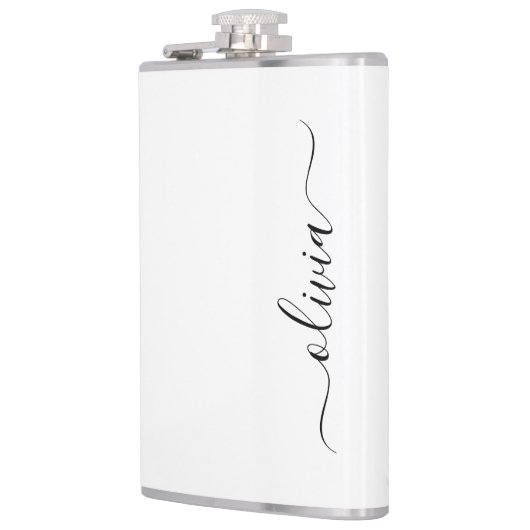 Zwart wit modern script meisjesmonogram naam heupfles (Links)