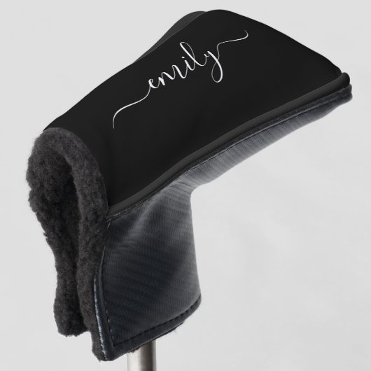 Zwart-wit Modern Script Monogram Naam Golfheadcover (3/4 voorkant)
