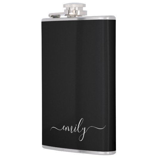 Zwart-wit Modern Script Monogram Naam Heupfles (Links)