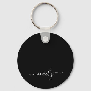 Zwart-wit Modern Script Monogram Naam Sleutelhanger