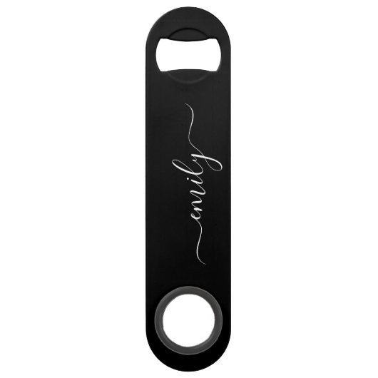 Zwart-wit Modern Script Monogram Naam Speed Flessenopener (Achterkant)