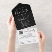 Zwart-wit Modern Script QR Code Bruiloft All In One Uitnodiging (Afscheurbaar)