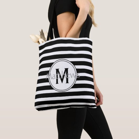 Zwart-wit Modern Stripe Monogram Canvas tas (Dichtbij)