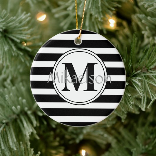 Zwart-wit Modern Stripe Monogram Keramisch Ornament (Boom)