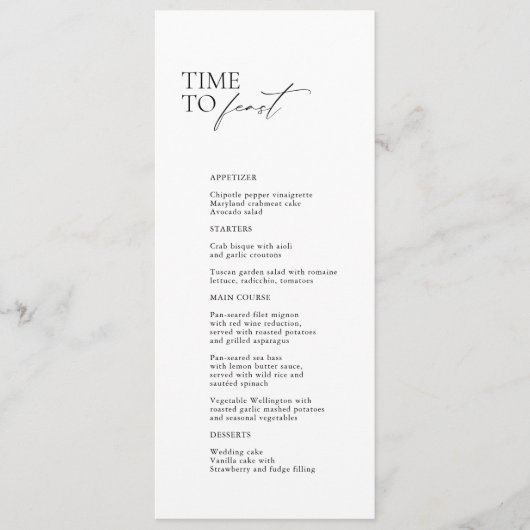 Zwart & Wit Modern "Tijd om te Feesten" Trouwmenu Menu (Voorkant)