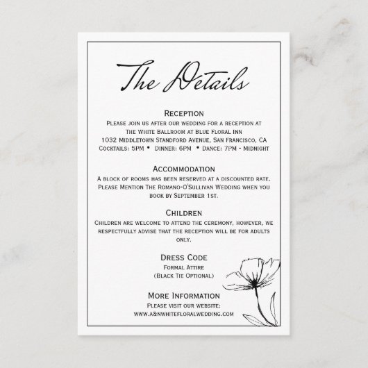 Zwart-wit Moderne elegante bruiloft Details Informatiekaartje (Voorkant)