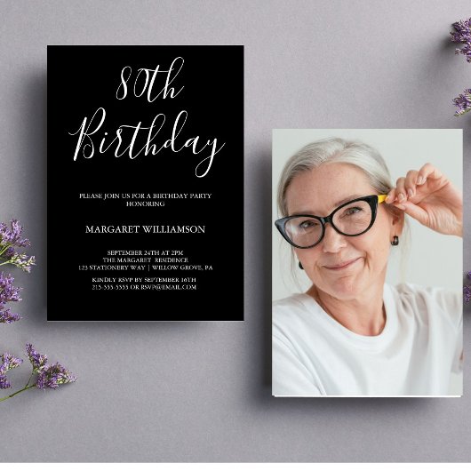 Zwart-wit Moderne Elegantie 80e Verjaardag Kaart