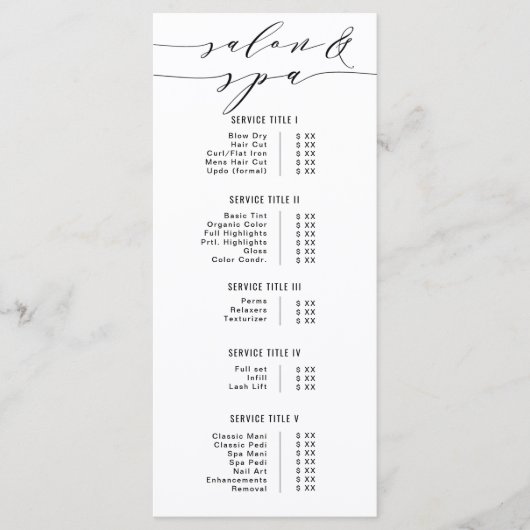 Zwart-wit moderne kalligrafie Salon Spa Prijs Menu (Voorkant)