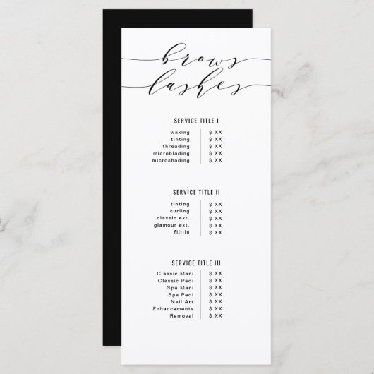 Zwart-wit moderne kalligrafie wenkbrauwen en wimpe menu (Voorkant / Achterkant)