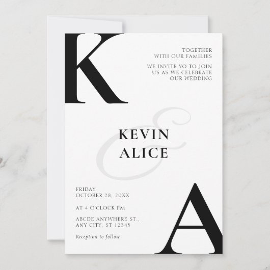 Zwart-wit moderne minimalistische bruiloft kaart (Voorkant)