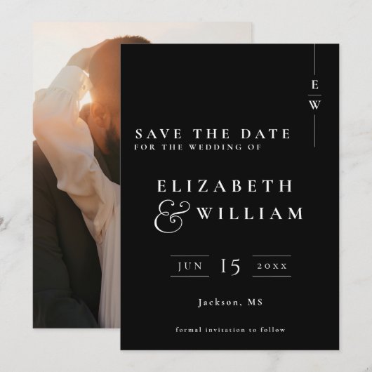 Zwart-wit Moderne Monogram Fotobruiloft Save The Date (Voorkant / Achterkant)