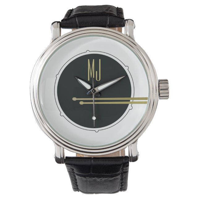 Zwart-wit Moderne Monogrammed Drummer Horloge (Voorkant)