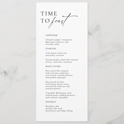 Zwart & Wit Moderne "Tijd om te Feesten" Bruiloft Menu (Voorkant)