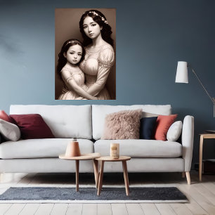 Zwart Wit Moeder en dochter portret AI Art Poster