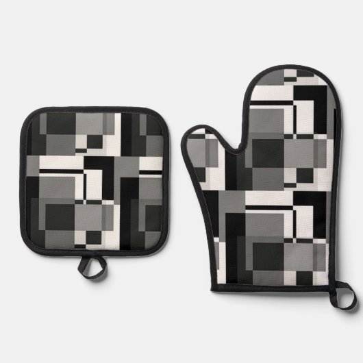 Zwart-Wit Mondriaan Stijl Abstract Geometrisch Ovenwant & Pannenlap Set (Voorkant)