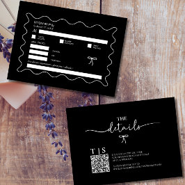 Zwart-wit Monochrome Golvende Curve QR Code RSVP Notitiekaartje