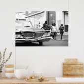 Zwart-Wit Monochroom Oude Auto Mensen Stad Poster (Keuken)