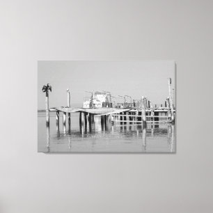 Zwart-Wit Monochroom Zee Oceaan Steiger Vogels Canvas Afdruk